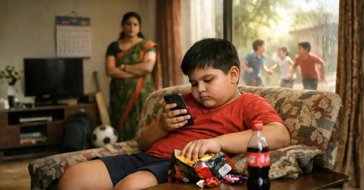 child using smartphone leading to obesity and reduced physical activity